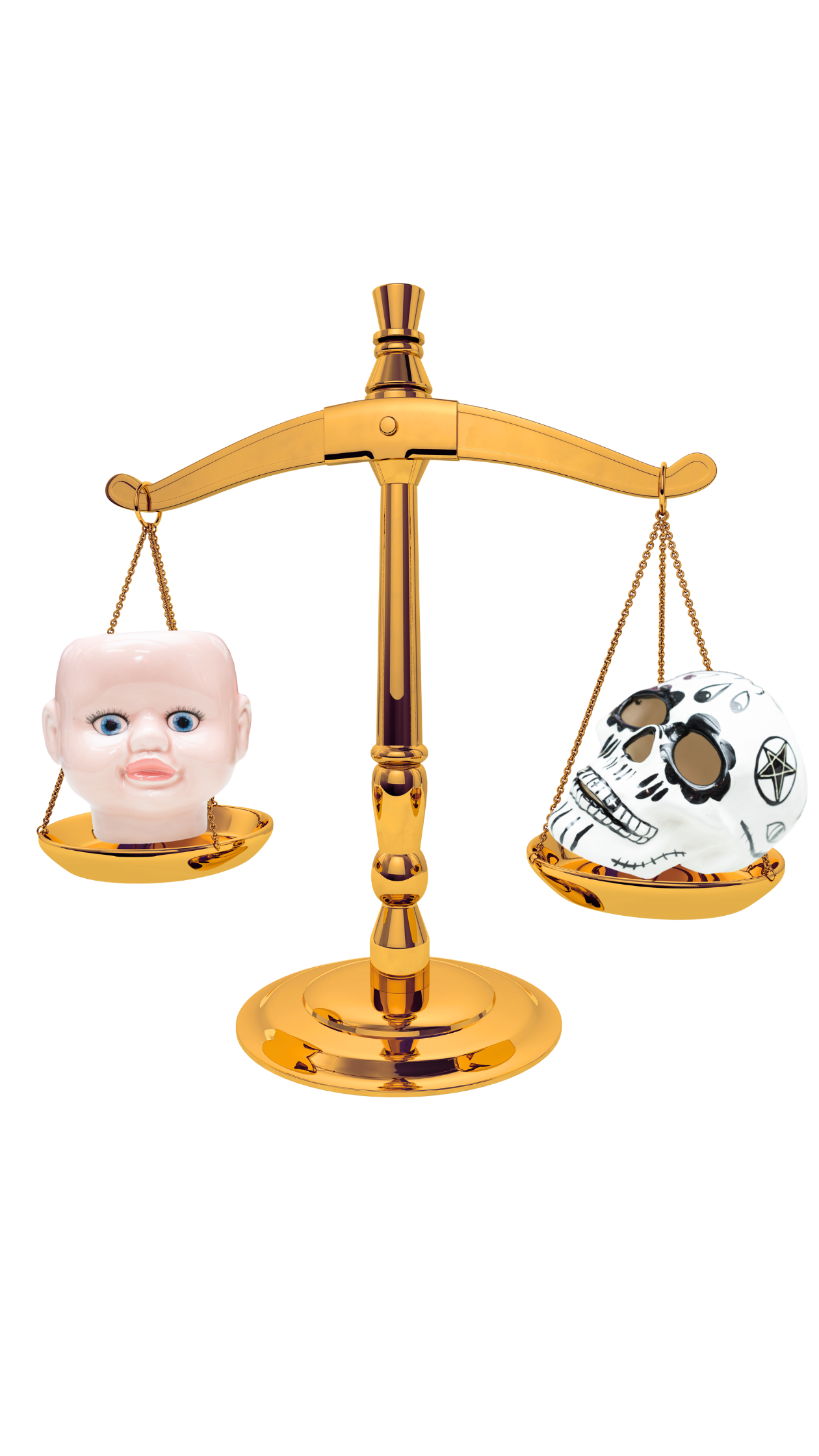 Justice scales with baby head and skull sitting on either side